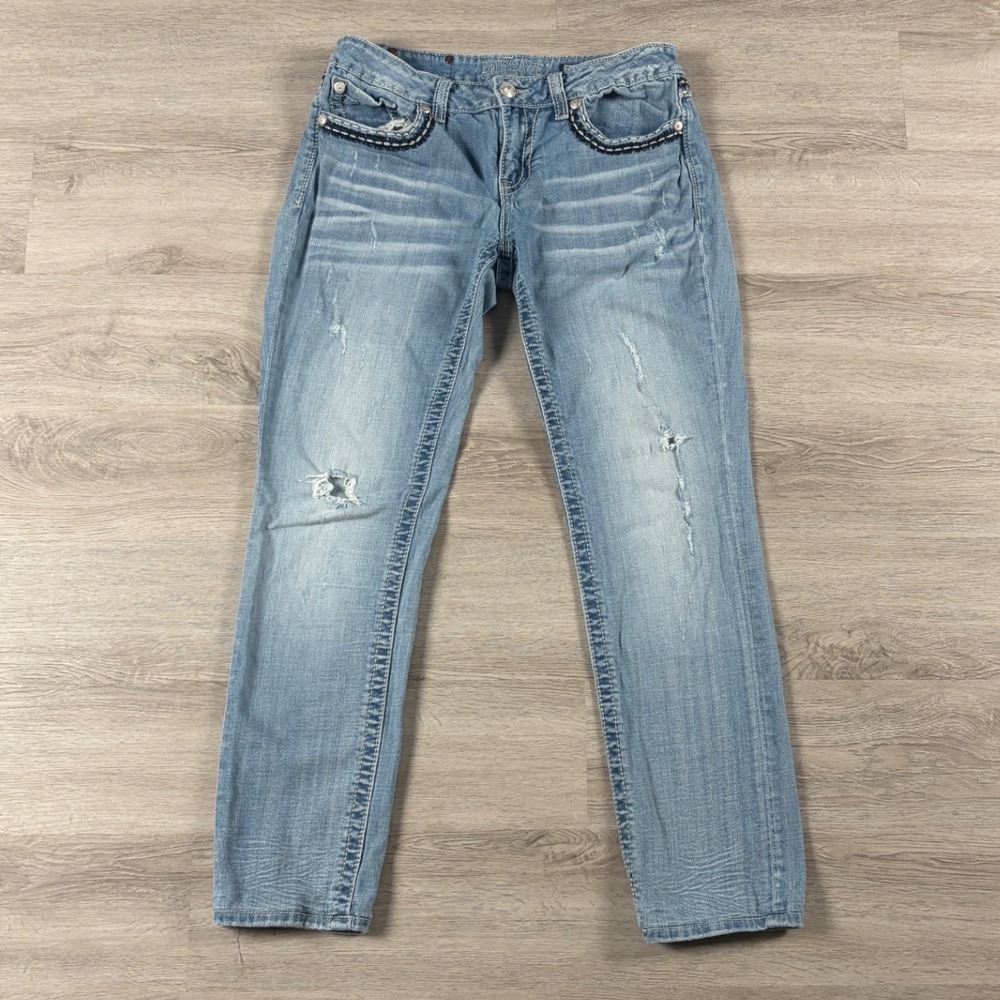 Miss Me Boyfriend Jeans Womens 30 Blue Distressed Embellished Y2K JB1096A